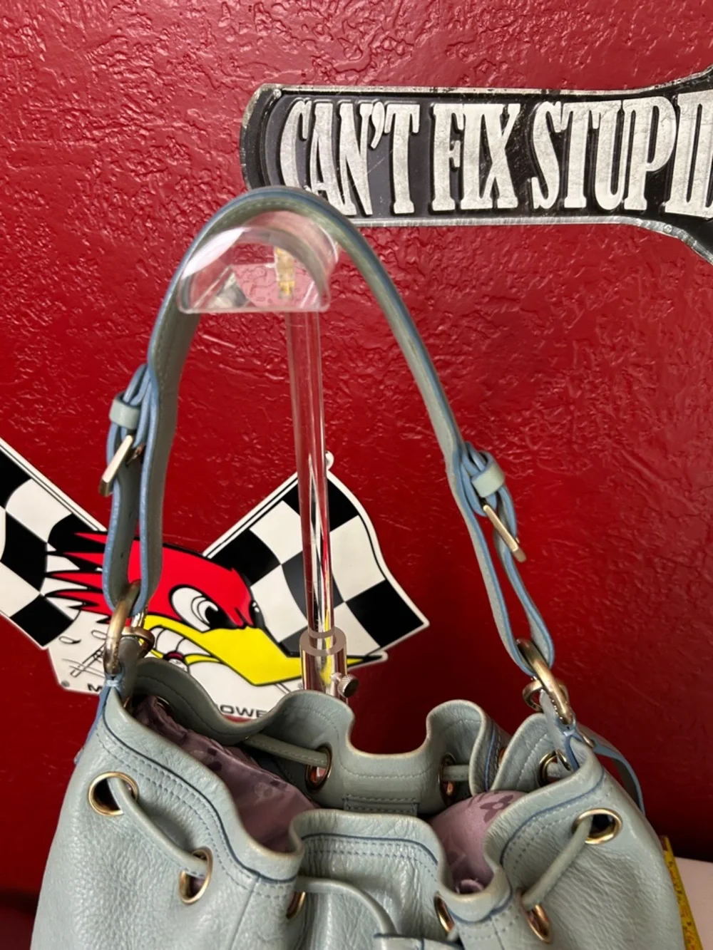 MCM Pale Blue Pebbled Leather Drawstring Hobo Bag - Picture 5 of 15